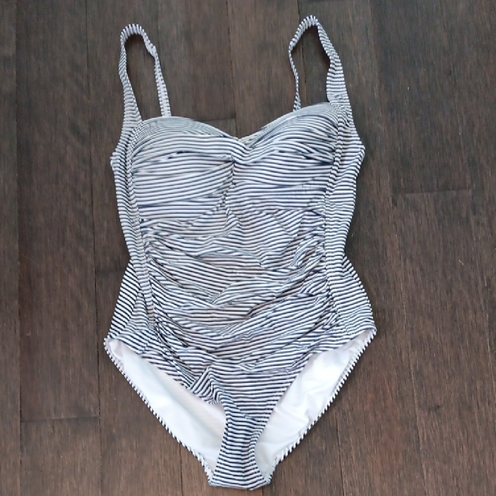 ^ Navy and White Striped One-Piece Swimsuit
